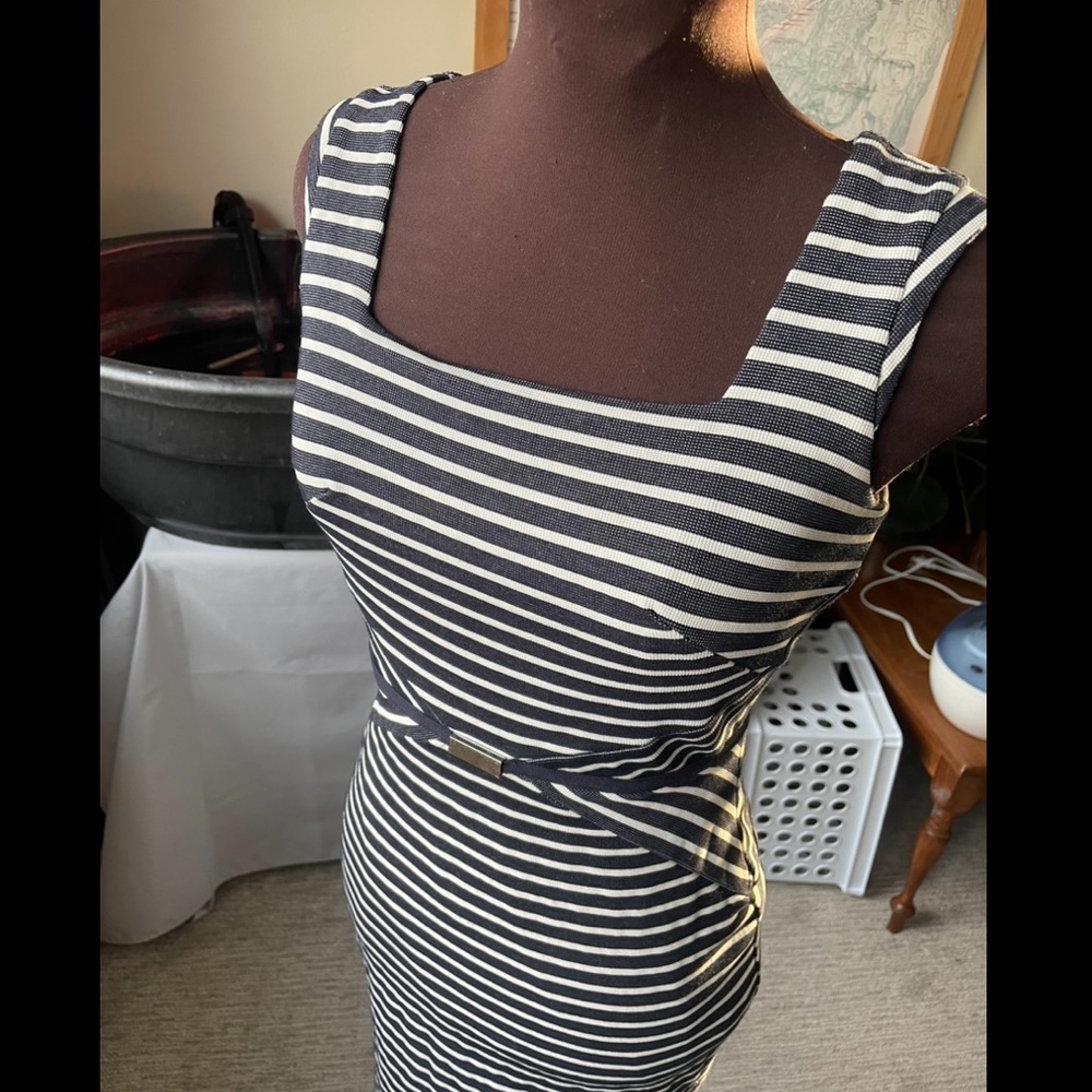 Striped Pencil Dress with Capped Sleeves - interview, suit, business attire
